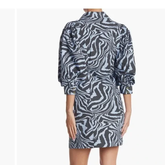 Ganni Blue Black Zebra Animal Print Puff Sleeve Mini Dress Size Small - Picture 5 of 11